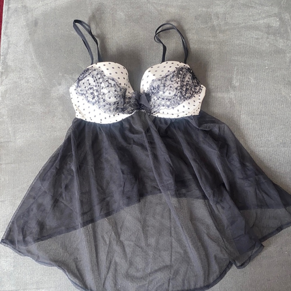 Victoria's Secret bra with sheer negligee draping. Gorgeous and sweet!